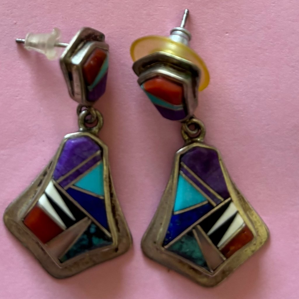 Navajo Artist Rick Tolino Sterling Silver Inlaid Earrings